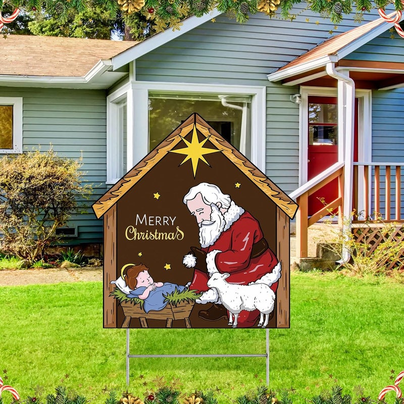 Memorywuu Large Kneeling Santa Nativity Scene Yard Sign for Christmas Outdoor Garden Lawn Decor, Religious Decorations, 23 x 30 Inch - Image 1